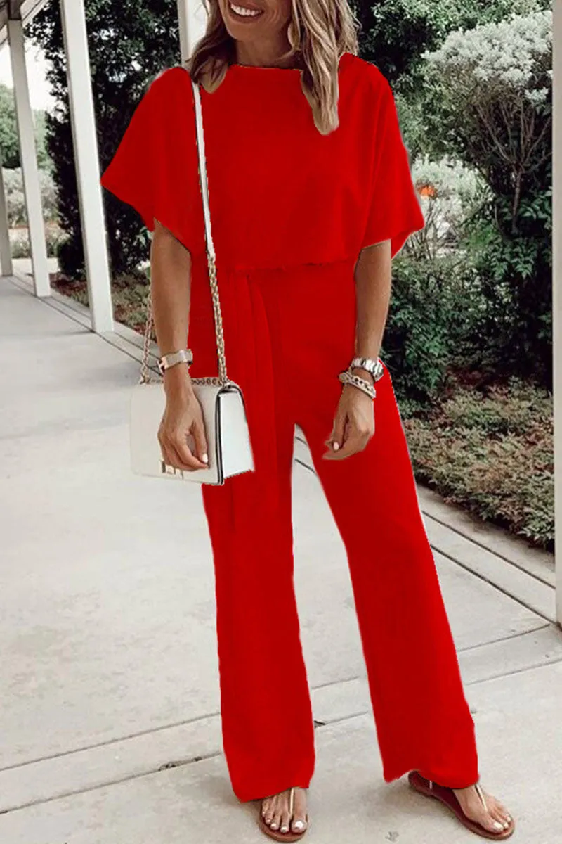 Casual Solid Frenulum O Neck Loose Jumpsuits(7 Colors)