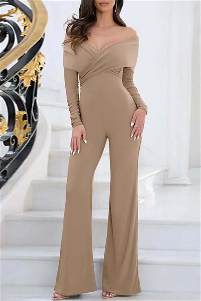 Casual Solid Patchwork V Neck Skinny Jumpsuits