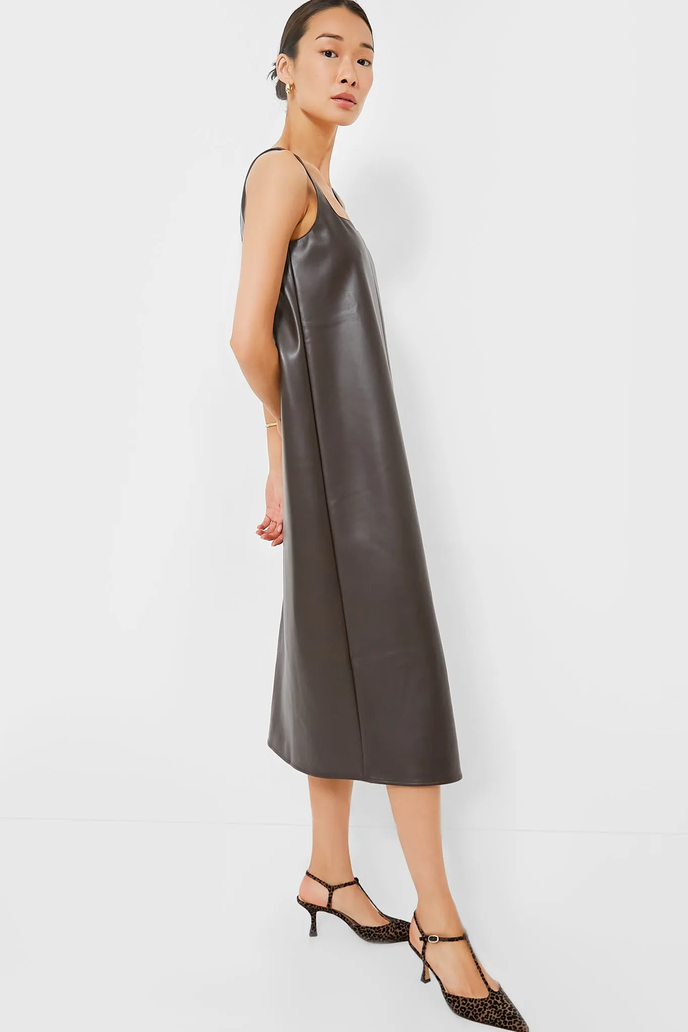 Chocolate Faux Leather Square Neck Olga Dress