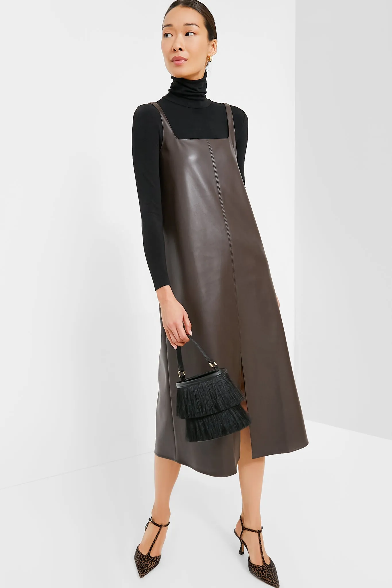 Chocolate Faux Leather Square Neck Olga Dress