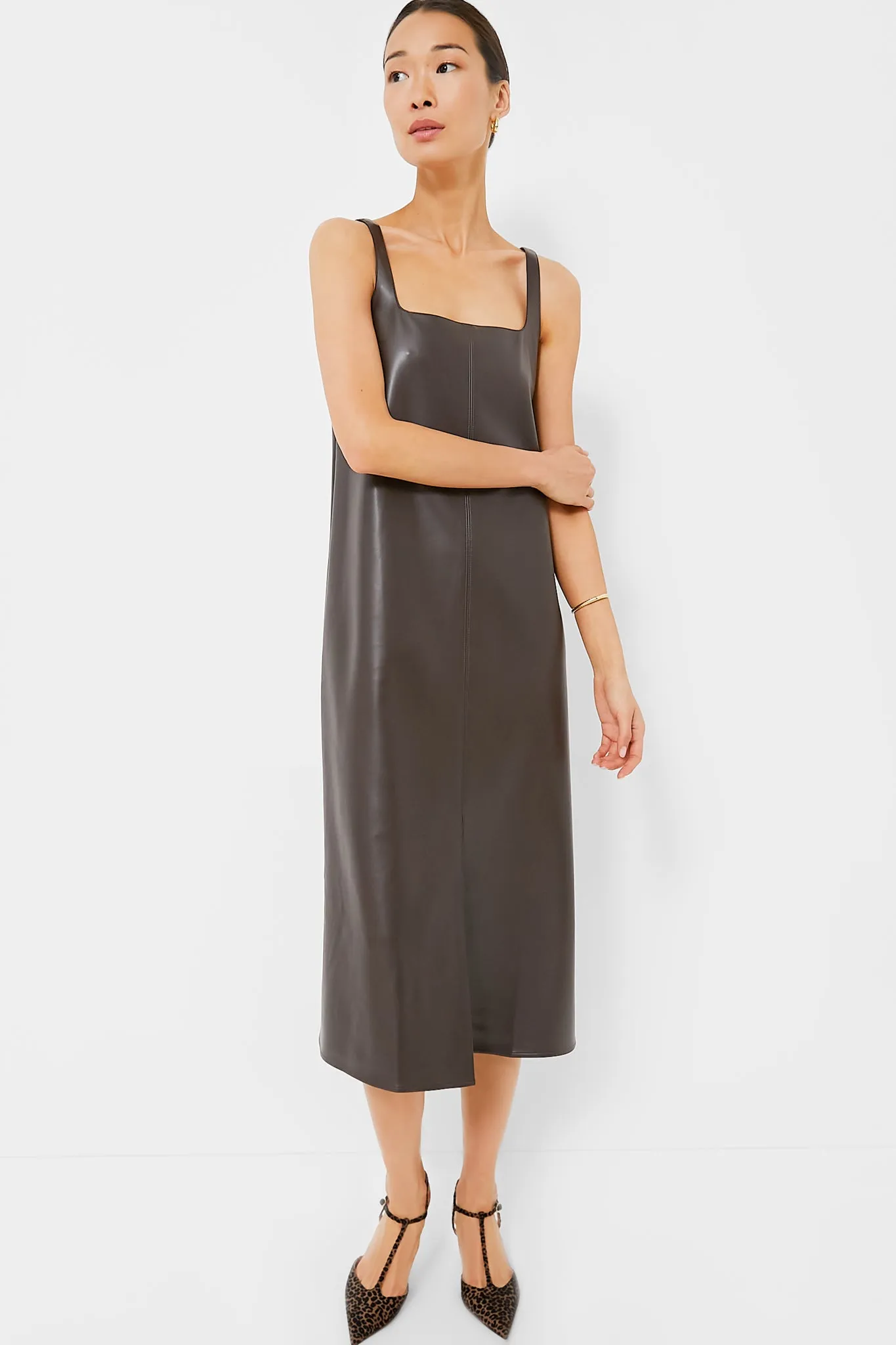 Chocolate Faux Leather Square Neck Olga Dress