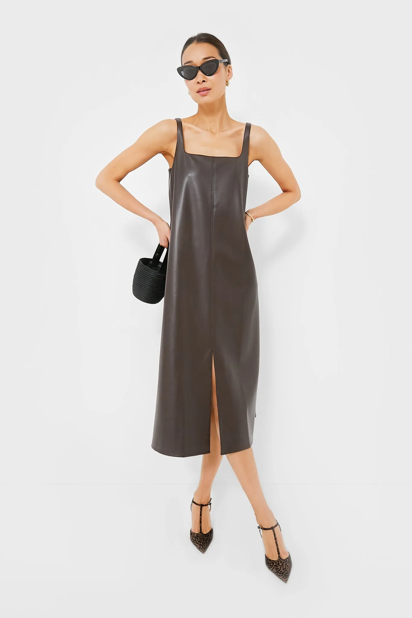 Chocolate Faux Leather Square Neck Olga Dress