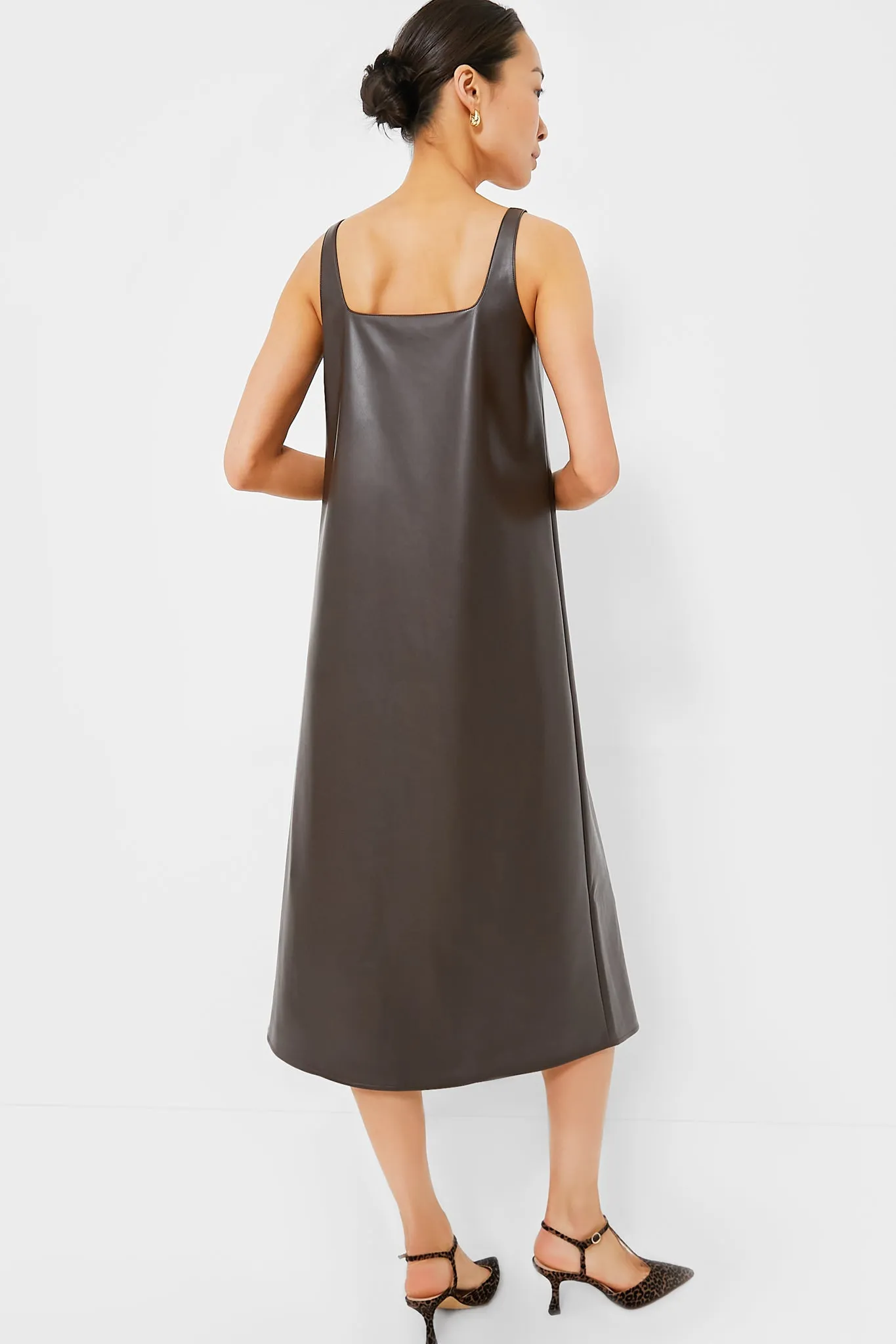 Chocolate Faux Leather Square Neck Olga Dress