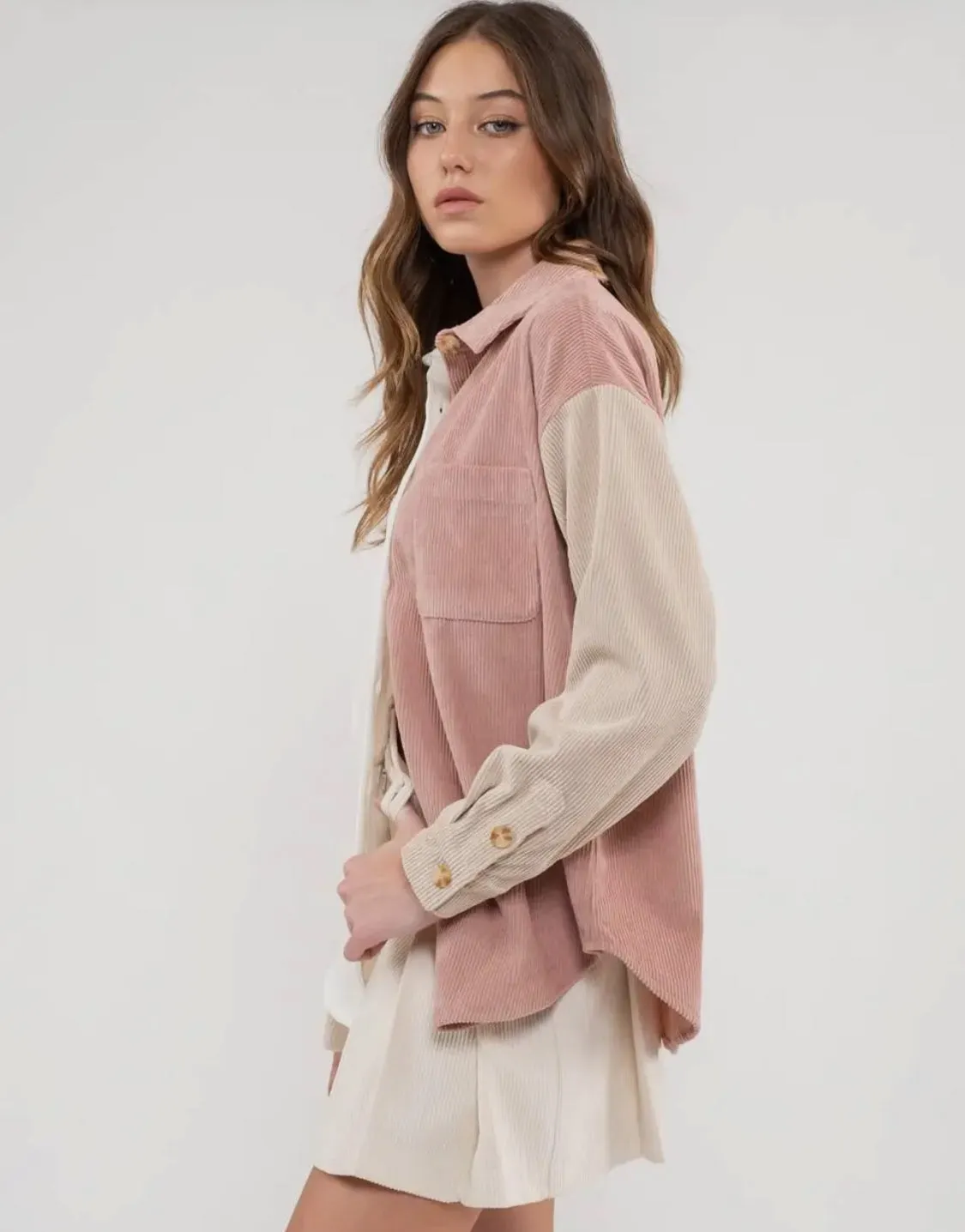 Colorblock Corduroy Shacket | Blush