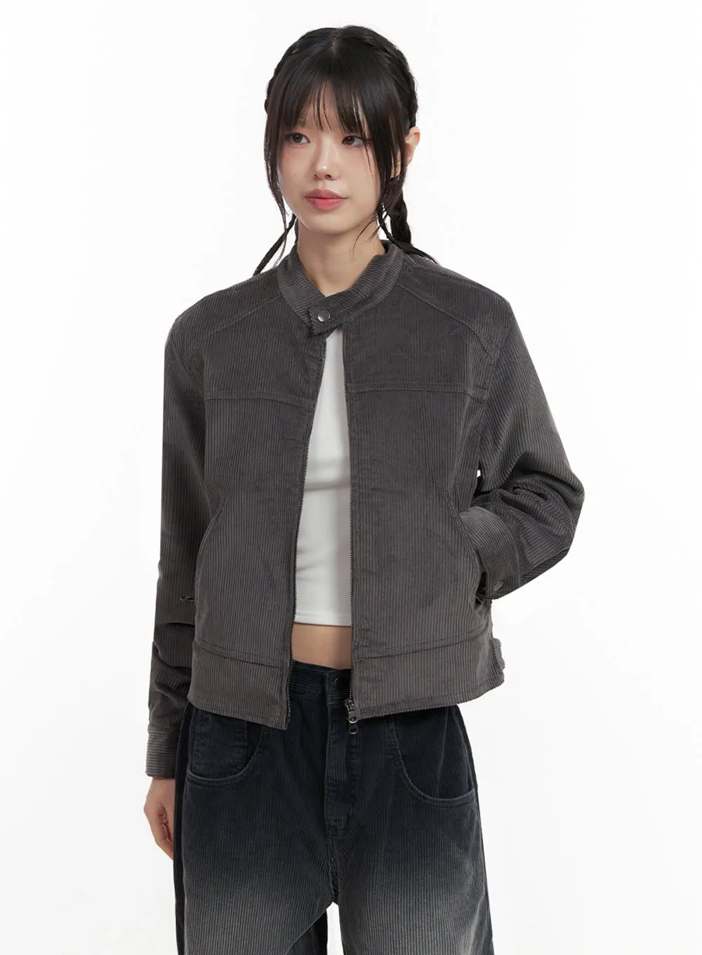 Corduroy Zip-Up Cropped Jacket ID402