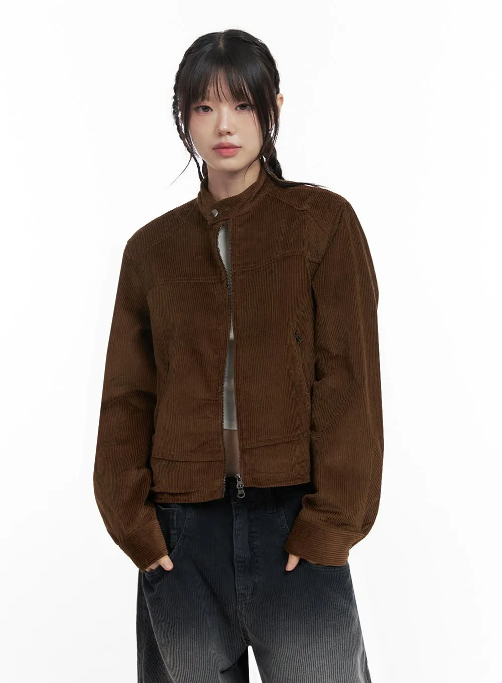 Corduroy Zip-Up Cropped Jacket ID402