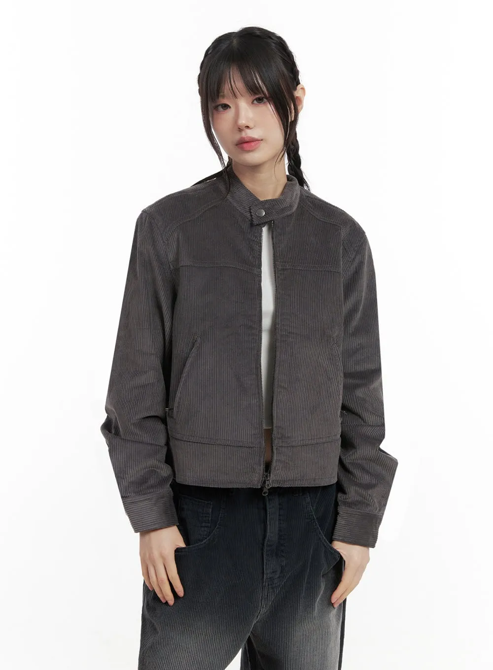 Corduroy Zip-Up Cropped Jacket ID402