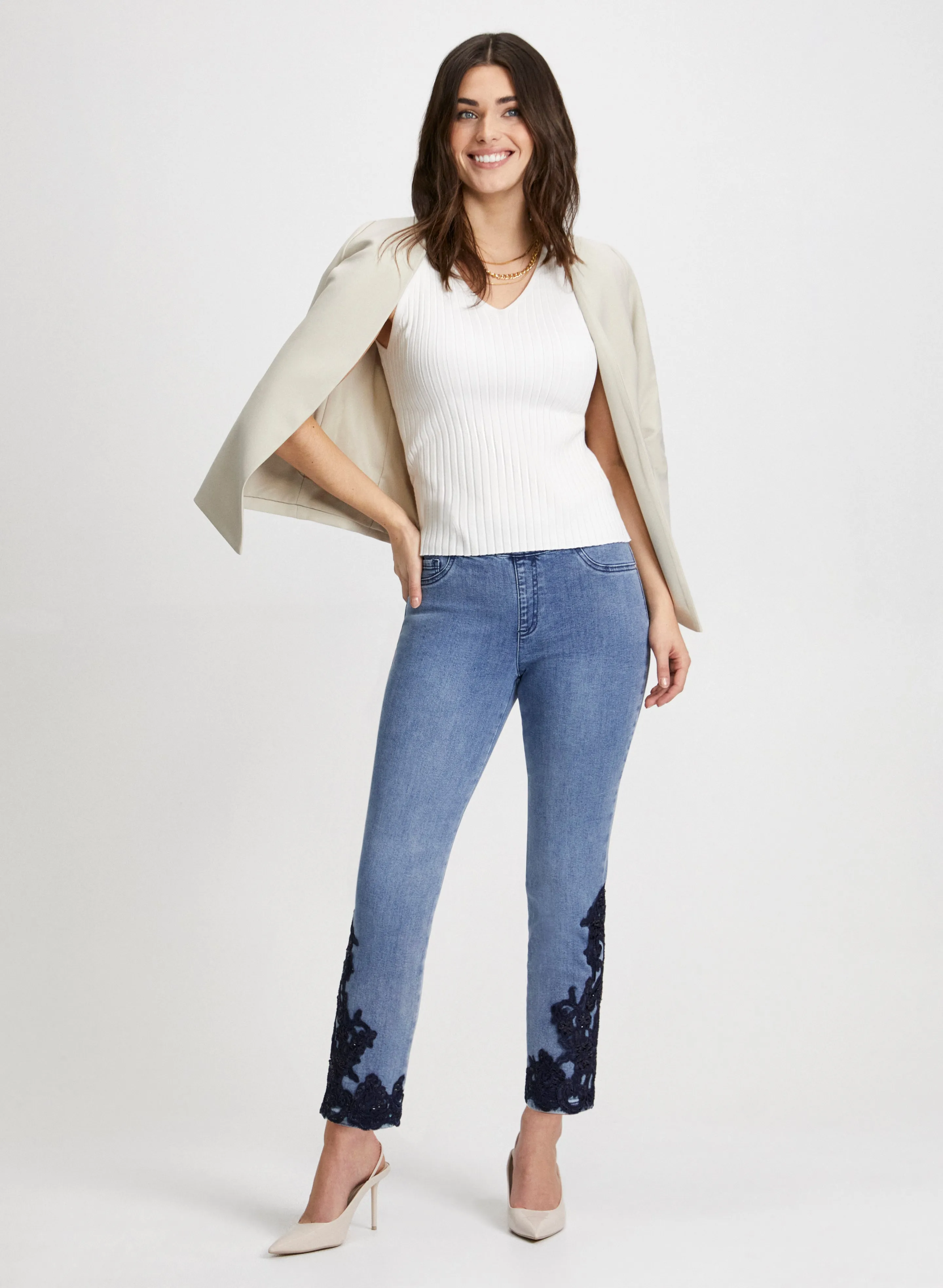 Cropped Collarless Jacket & Embroidered Jeans