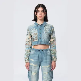 Cropped Tapestry Denim Jacket - Seymour Blue