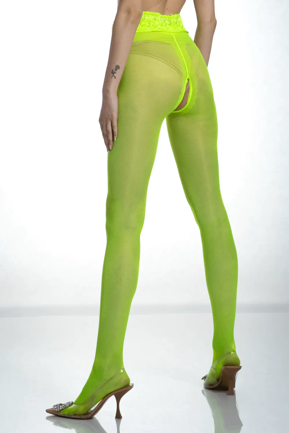 Crotchless Lace Top Tights Fluo Yellow 30 Denier