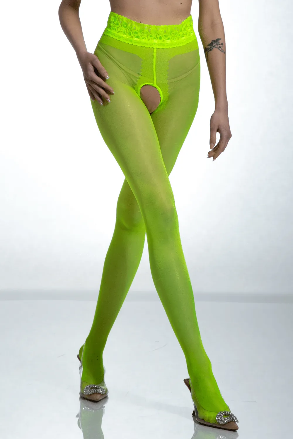 Crotchless Lace Top Tights Fluo Yellow 30 Denier