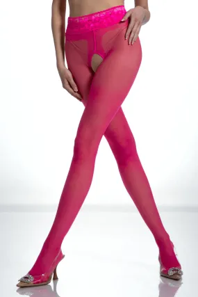 Crotchless Lace Top Tights Magenta 30 Denier