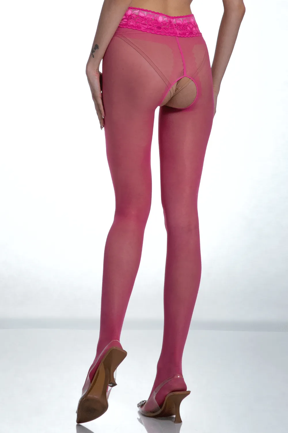 Crotchless Lace Top Tights Pink 30 Denier