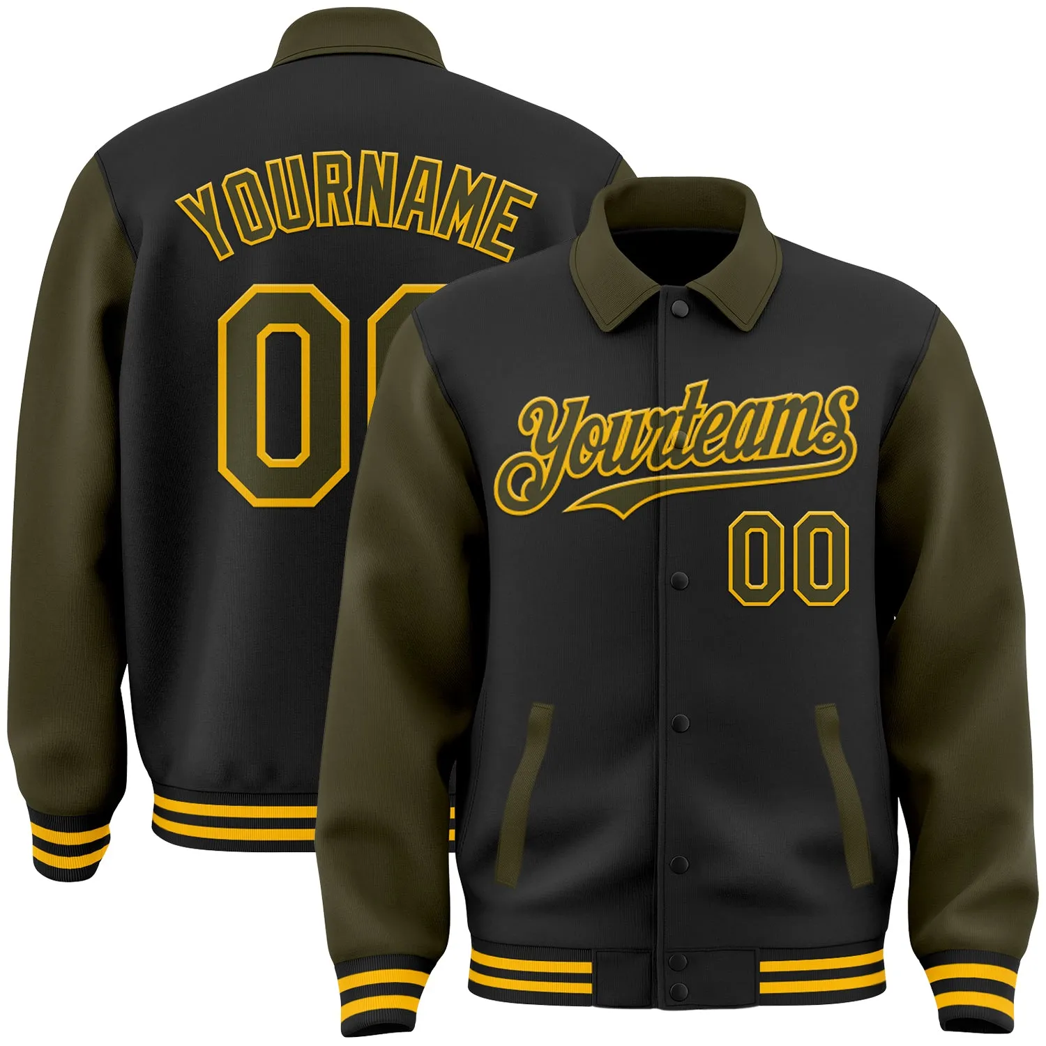 Custom Black Olive-Gold Bomber Full-Snap Varsity Letterman Two Tone Lapel Collar Byron Jacket