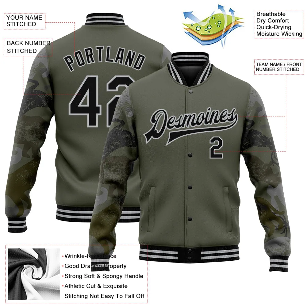 Custom Olive Black-Gray Animal Camo Sleeves 3D Pattern Design Bomber Full-Snap Varsity Letterman Salute To Service Jacket