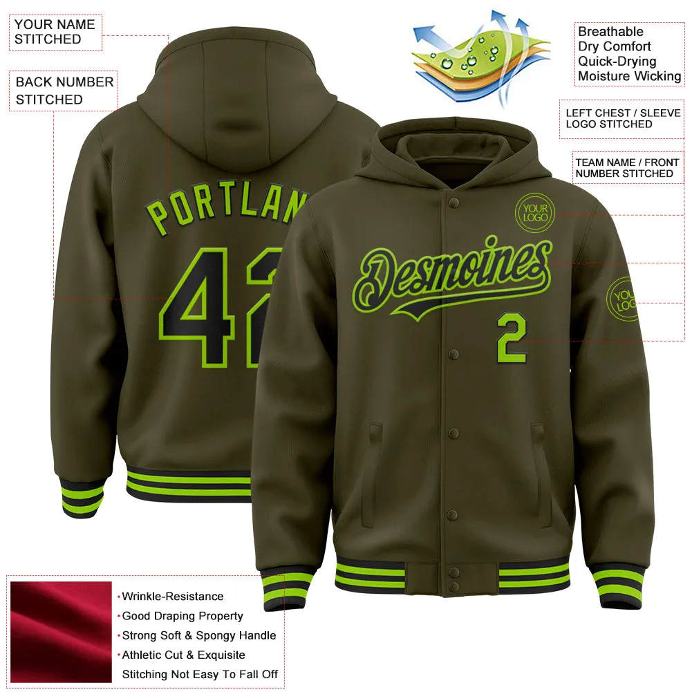 Custom Olive Black-Neon Green Bomber Full-Snap Varsity Letterman Salute To Service Hoodie Jacket