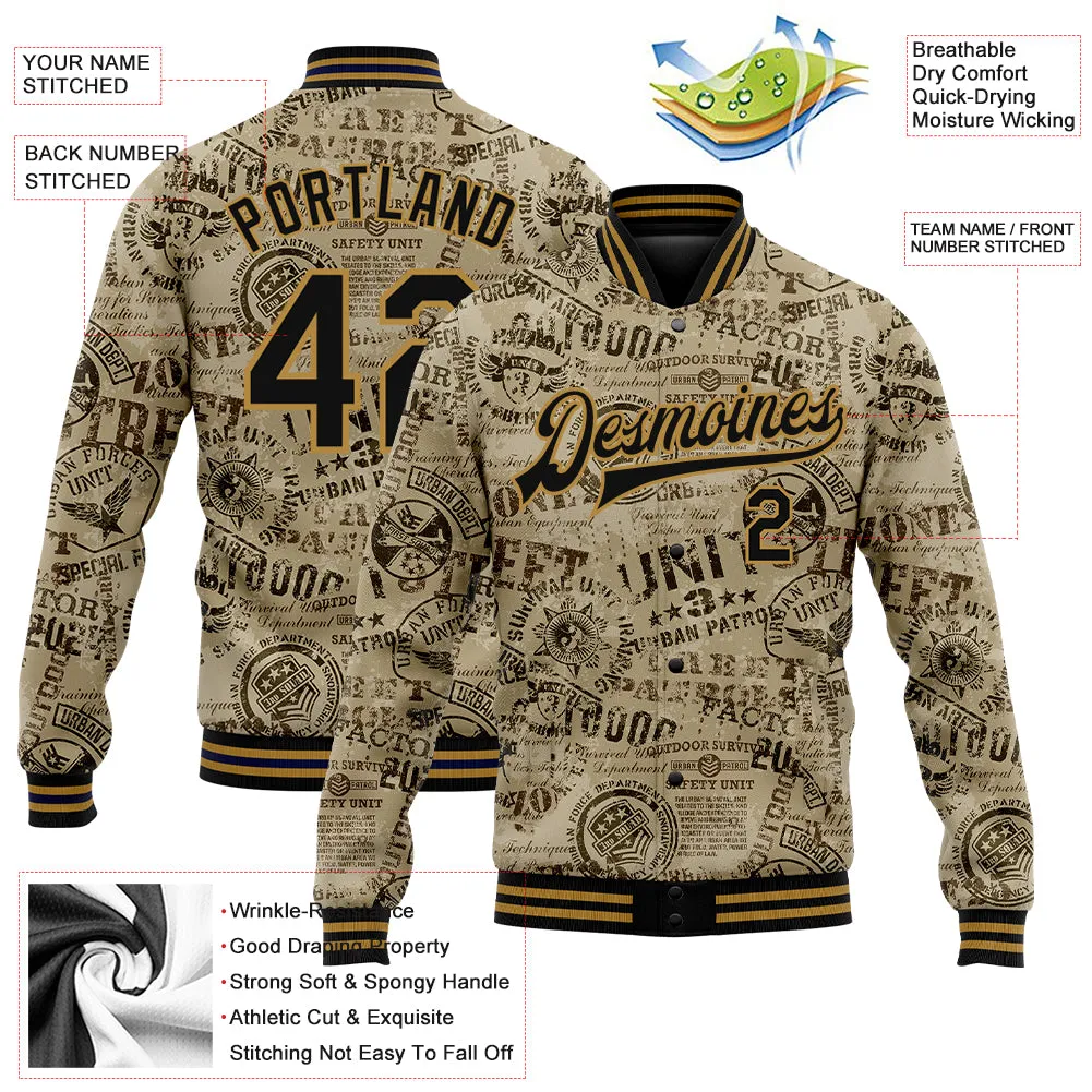 Custom Olive Black-Old Gold Military Badge 3D Pattern Design Bomber Full-Snap Varsity Letterman Salute To Service Jacket