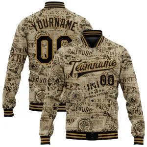 Custom Olive Black-Old Gold Military Badge 3D Pattern Design Bomber Full-Snap Varsity Letterman Salute To Service Jacket