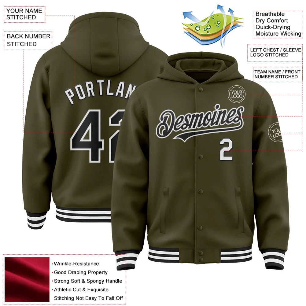 Custom Olive Black-White Bomber Full-Snap Varsity Letterman Salute To Service Hoodie Jacket