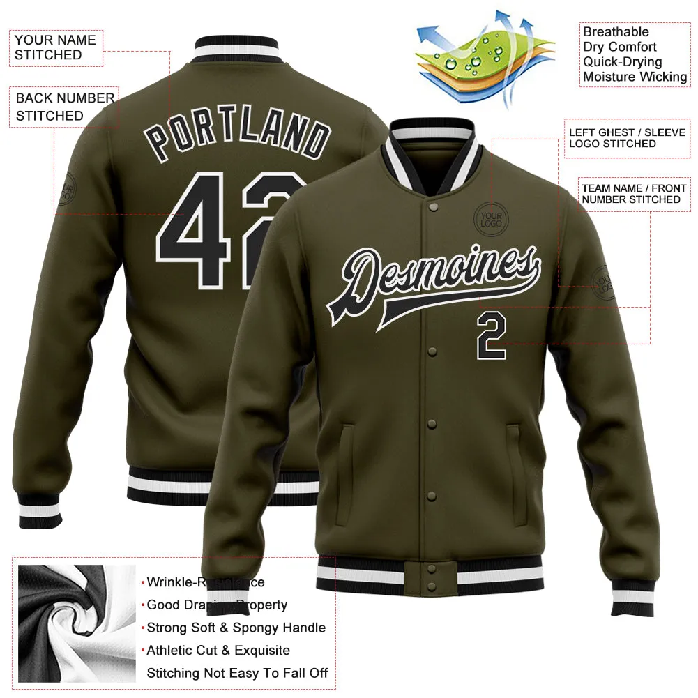 Custom Olive Black-White Bomber Full-Snap Varsity Letterman Salute To Service Jacket