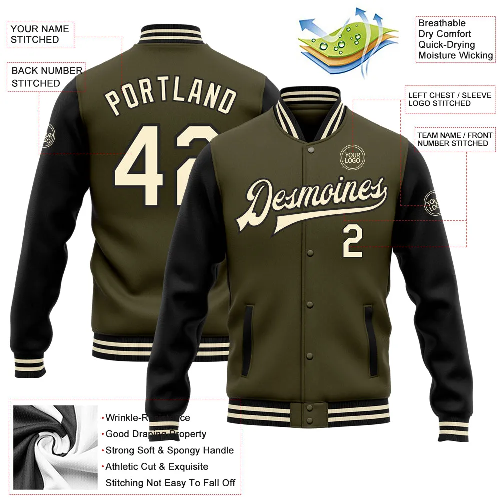 Custom Olive Cream-Black Bomber Full-Snap Varsity Letterman Two Tone Salute To Service Jacket