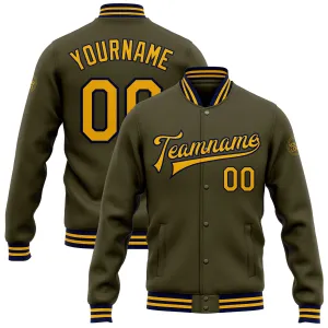 Custom Olive Gold-Navy Bomber Full-Snap Varsity Letterman Salute To Service Jacket