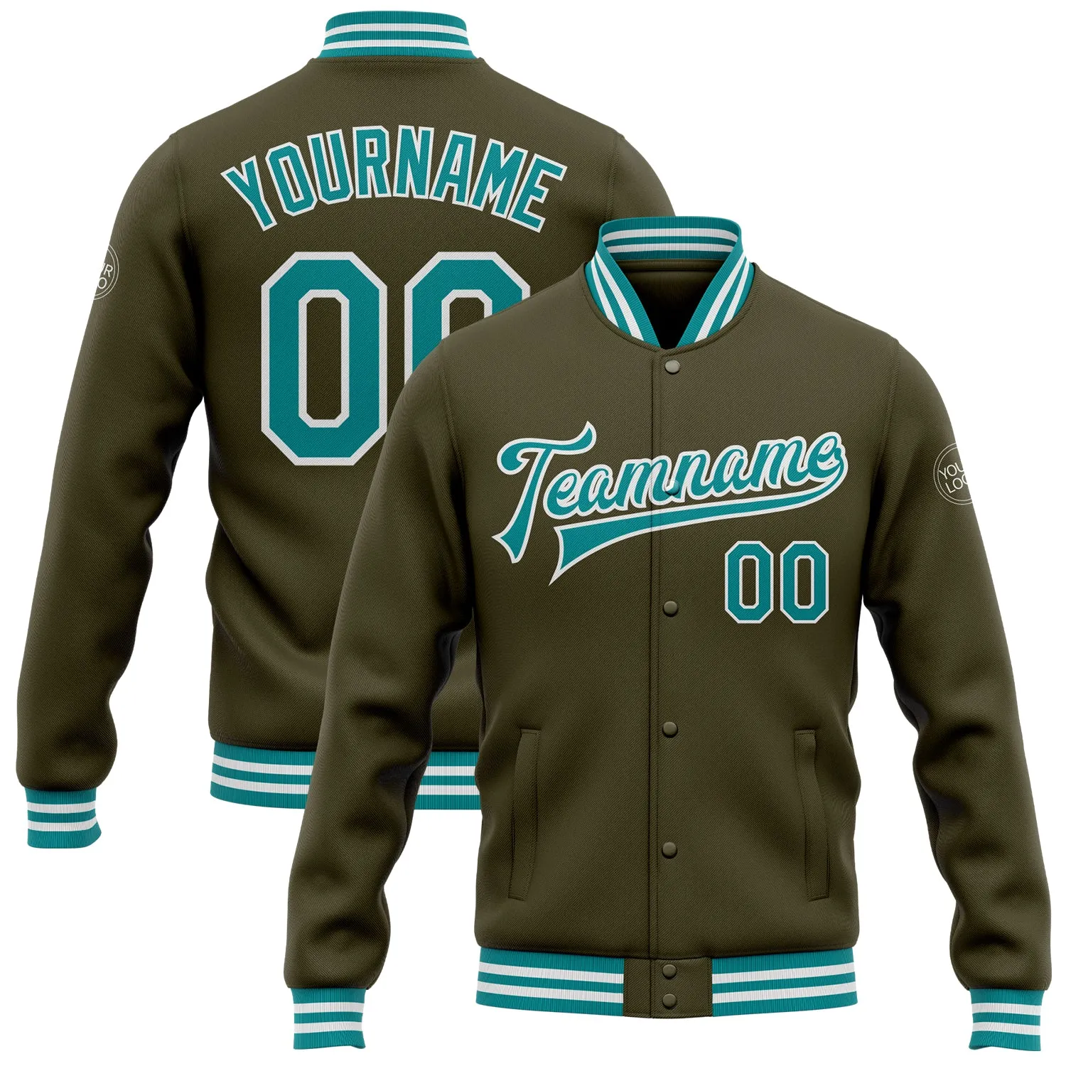 Custom Olive Teal-White Bomber Full-Snap Varsity Letterman Salute To Service Jacket