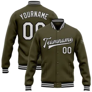 Custom Olive White-Black Bomber Full-Snap Varsity Letterman Salute To Service Jacket