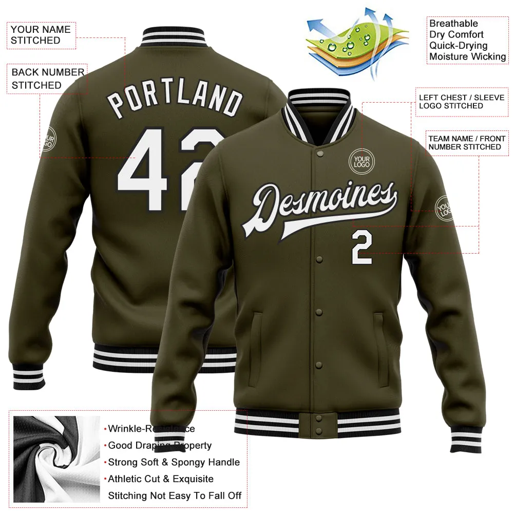 Custom Olive White-Black Bomber Full-Snap Varsity Letterman Salute To Service Jacket