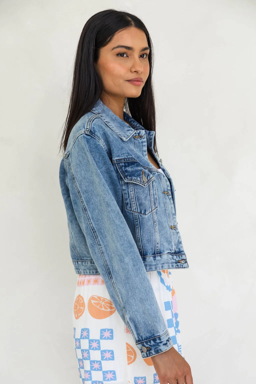 Dexter Denim Biker Crop Jacket - Mid Wash