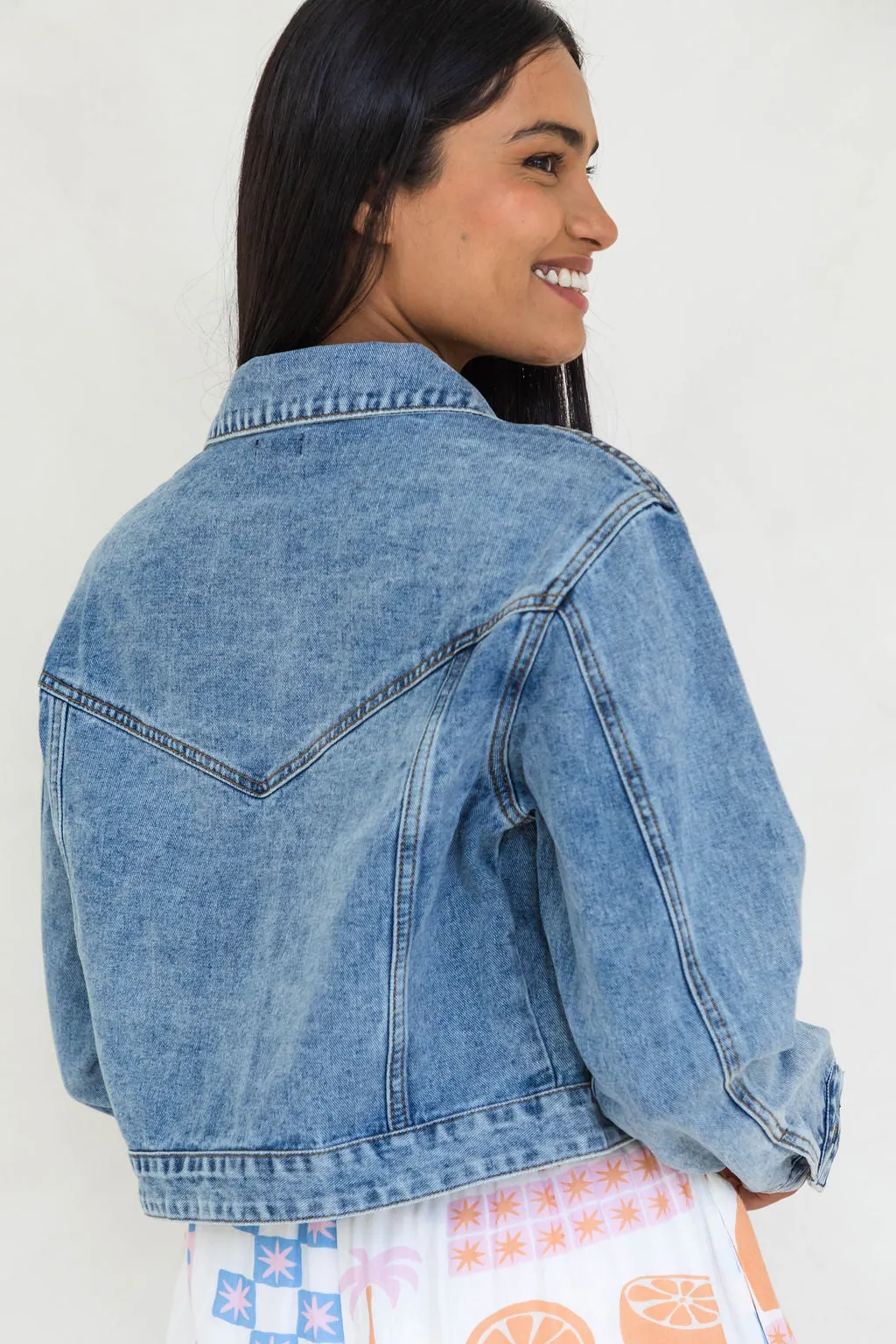 Dexter Denim Biker Crop Jacket - Mid Wash