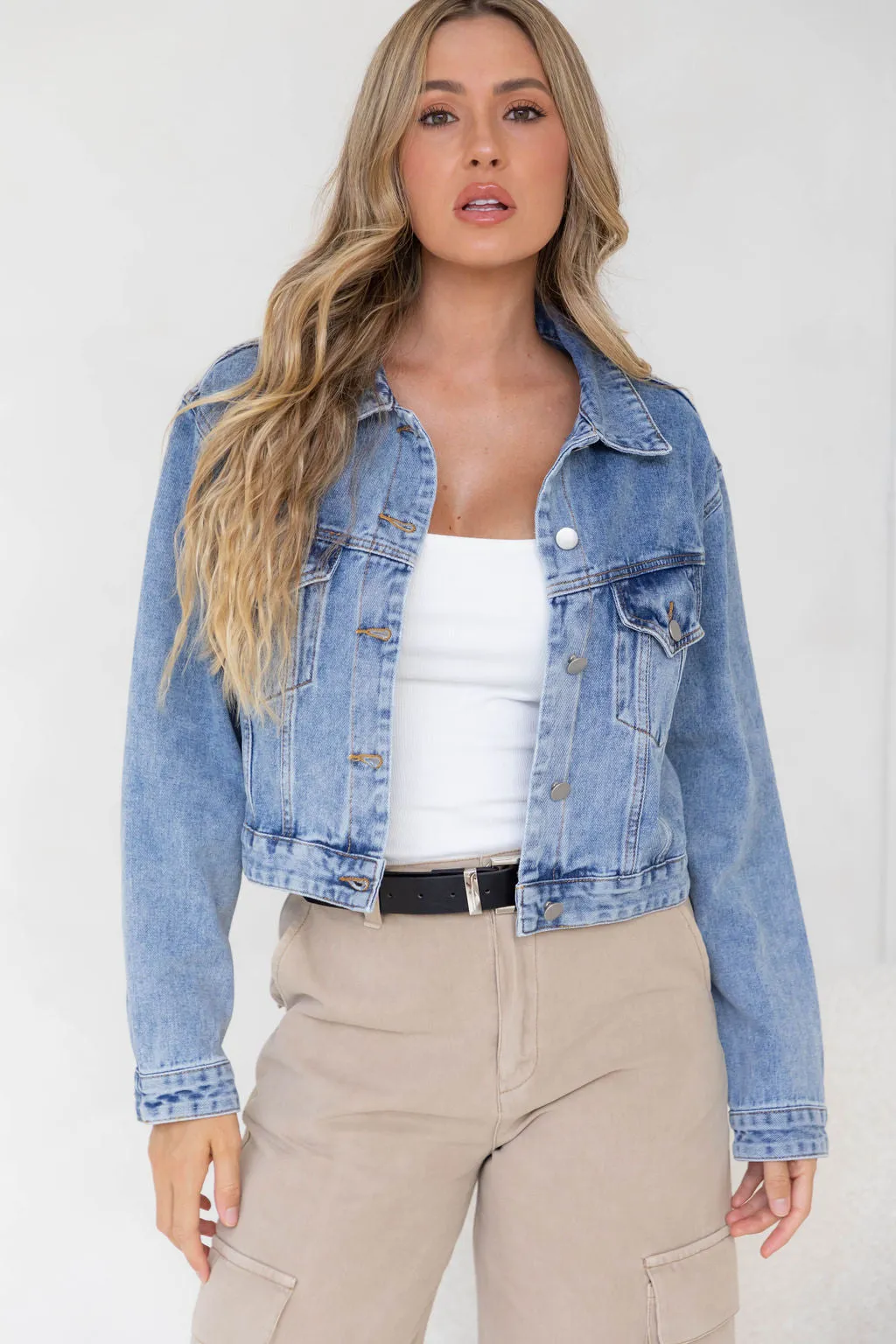 Dexter Denim Biker Crop Jacket - Mid Wash