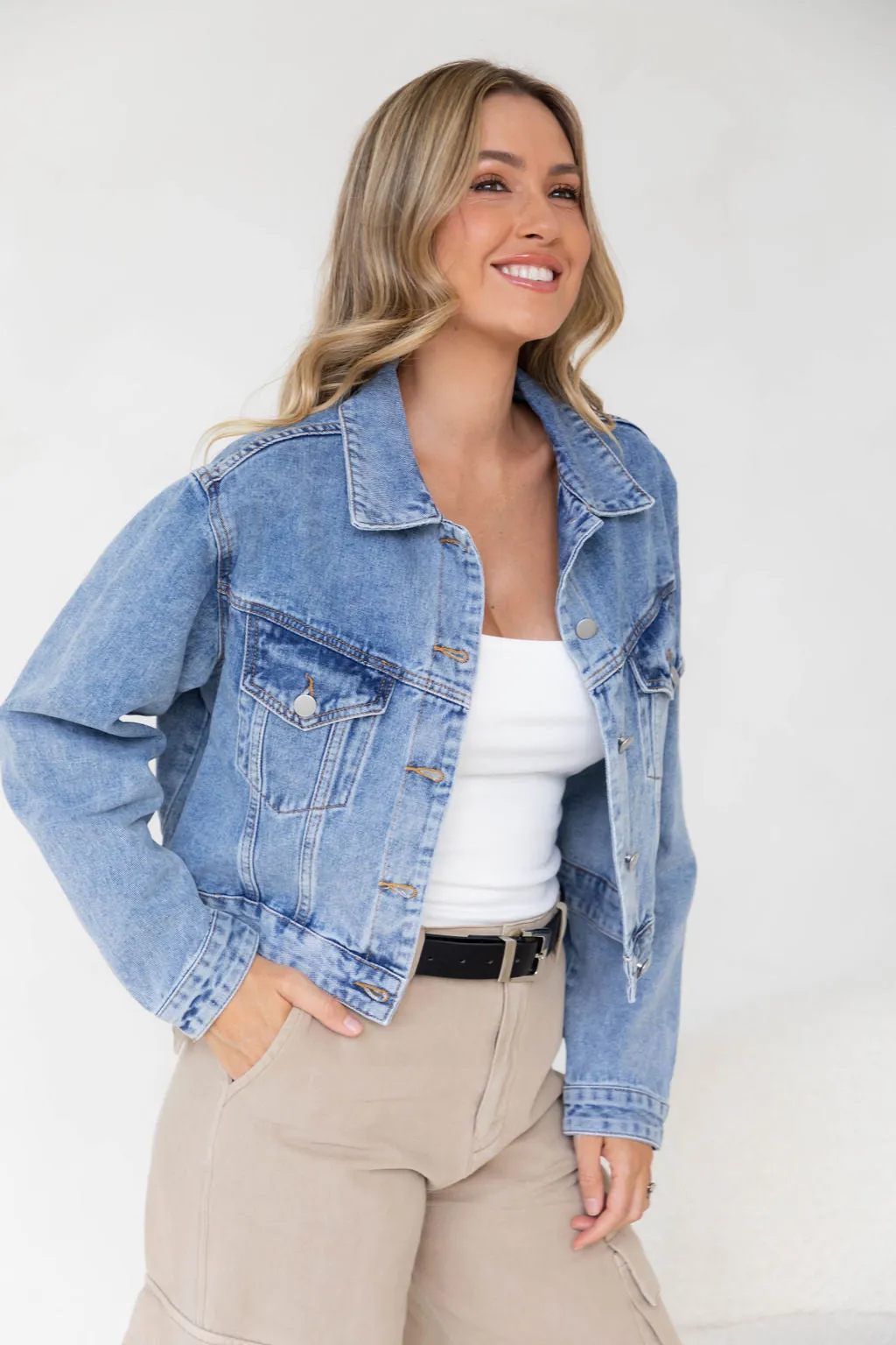 Dexter Denim Biker Crop Jacket - Mid Wash