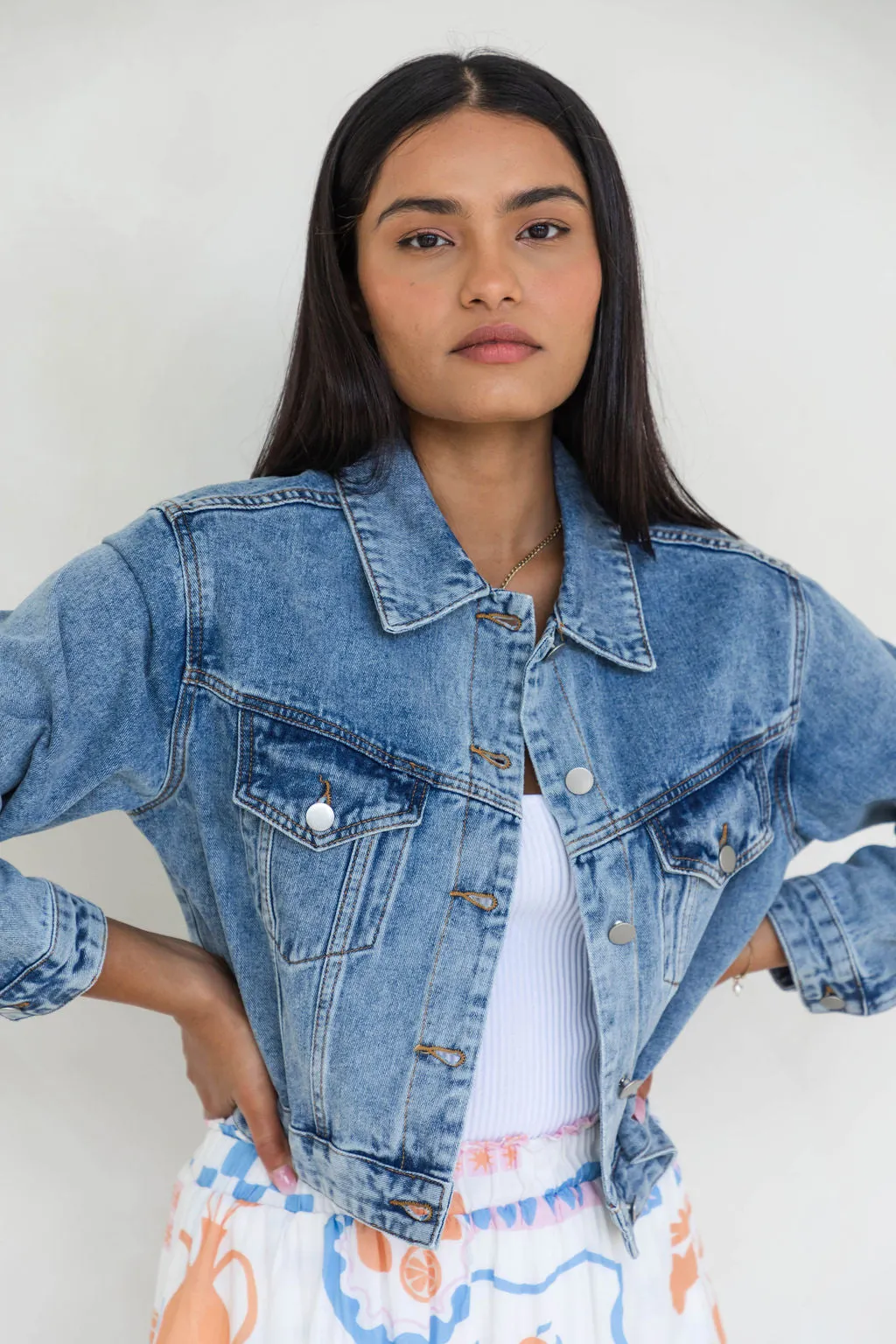 Dexter Denim Biker Crop Jacket - Mid Wash