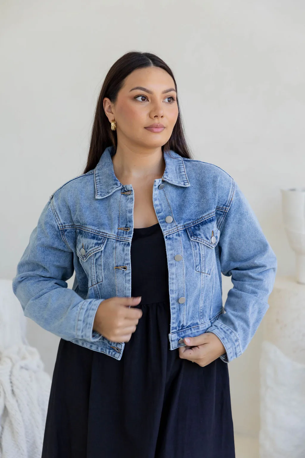 Dexter Denim Biker Crop Jacket - Mid Wash