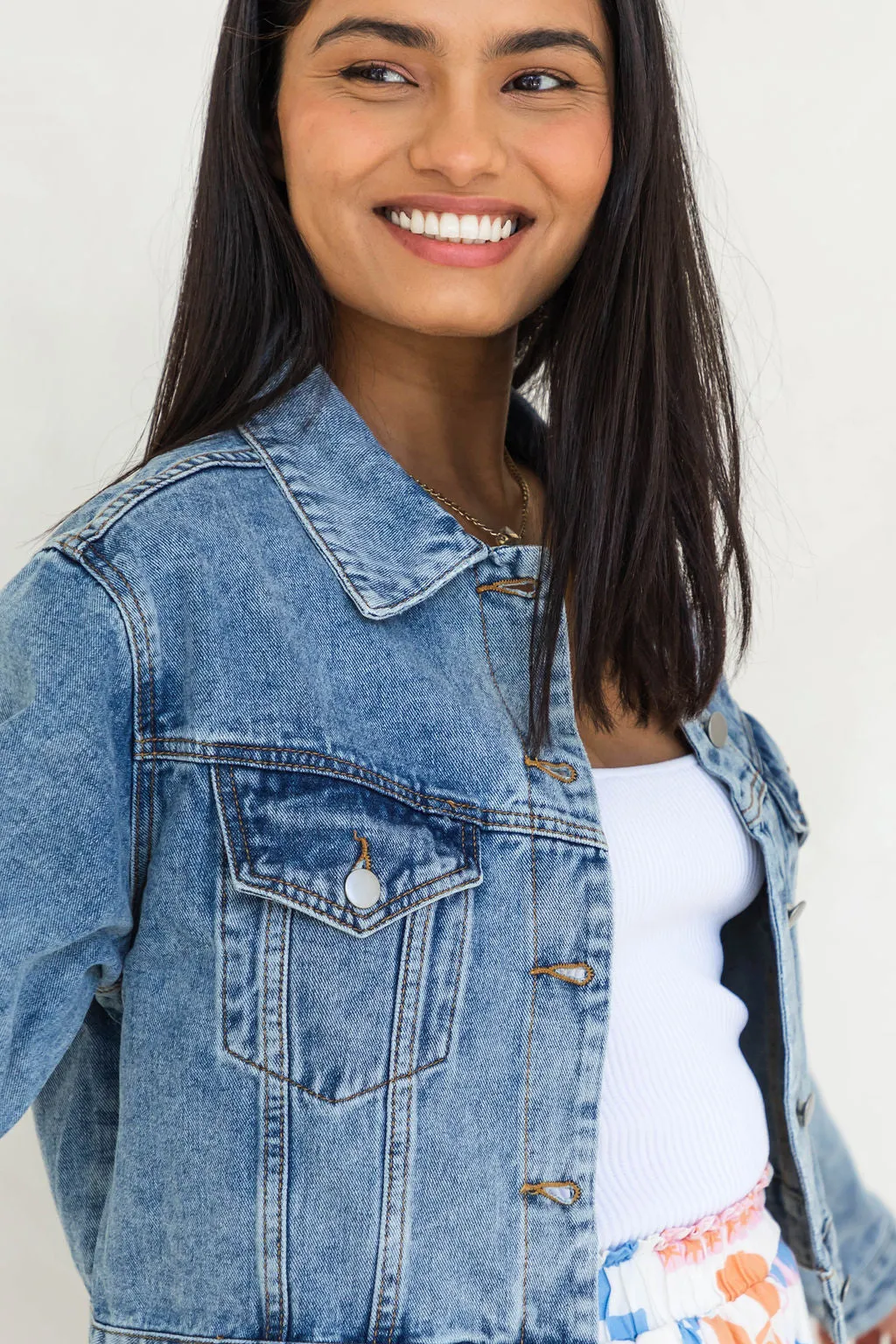 Dexter Denim Biker Crop Jacket - Mid Wash