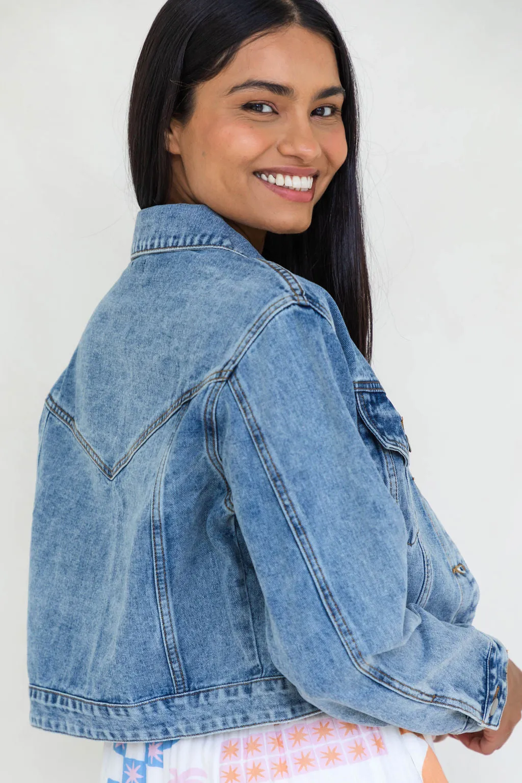 Dexter Denim Biker Crop Jacket - Mid Wash