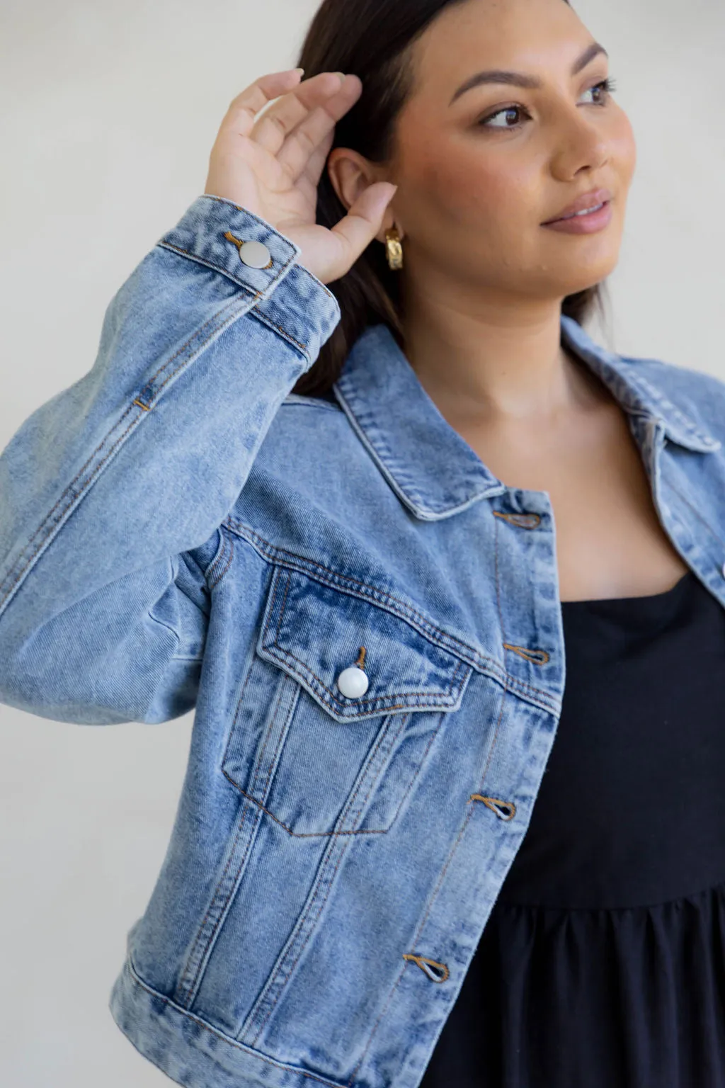 Dexter Denim Biker Crop Jacket - Mid Wash