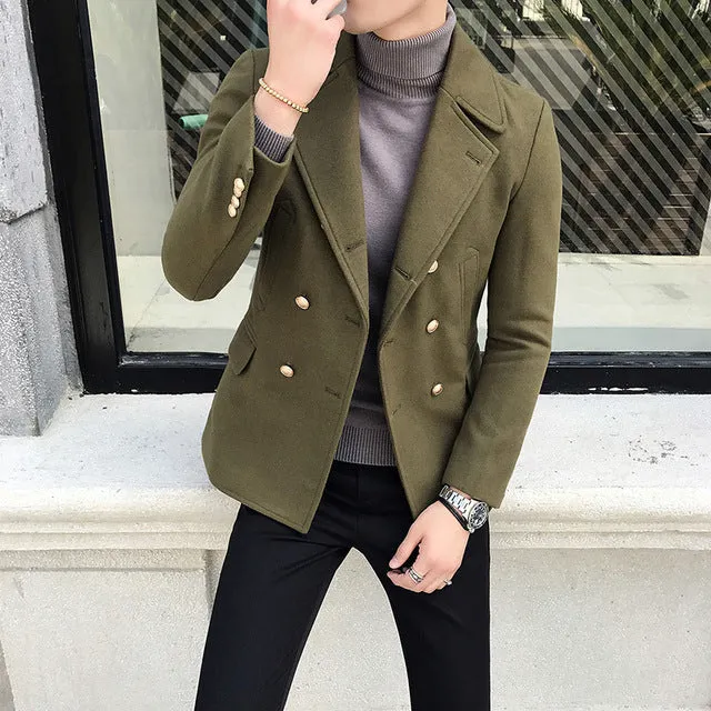 Double Breasted Turn Down Collar Men Wool Blend Slim Coat