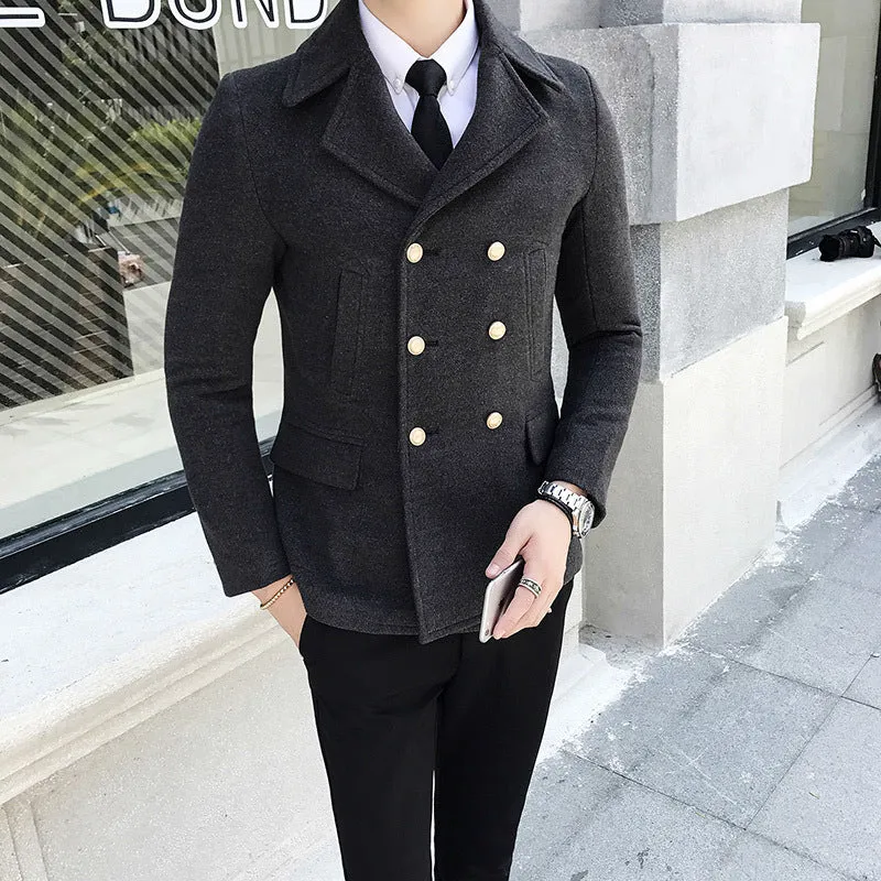 Double Breasted Turn Down Collar Men Wool Blend Slim Coat