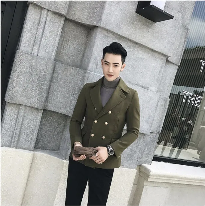 Double Breasted Turn Down Collar Men Wool Blend Slim Coat