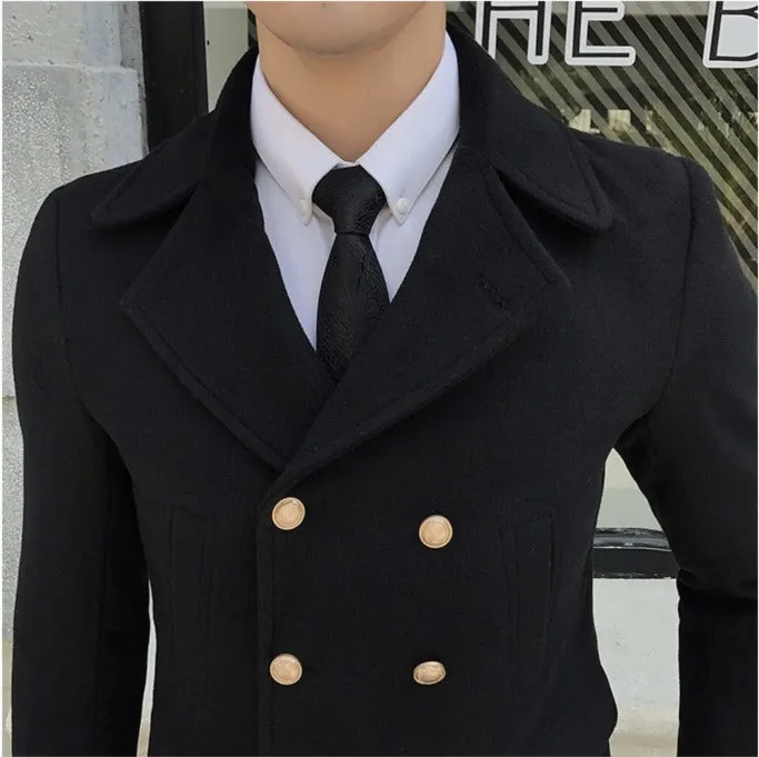 Double Breasted Turn Down Collar Men Wool Blend Slim Coat