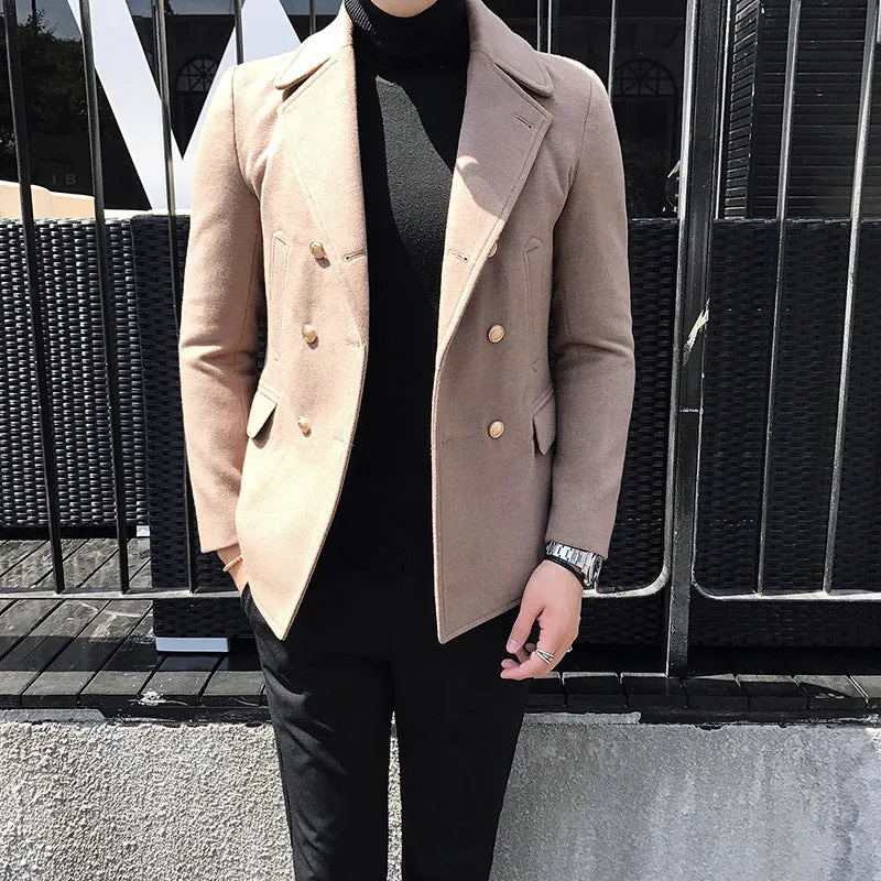 Double Breasted Turn Down Collar Men Wool Blend Slim Coat