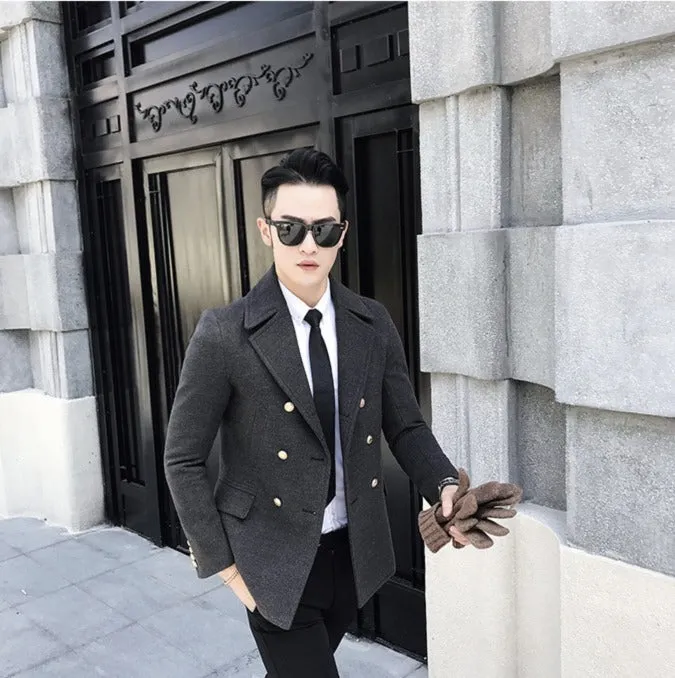 Double Breasted Turn Down Collar Men Wool Blend Slim Coat