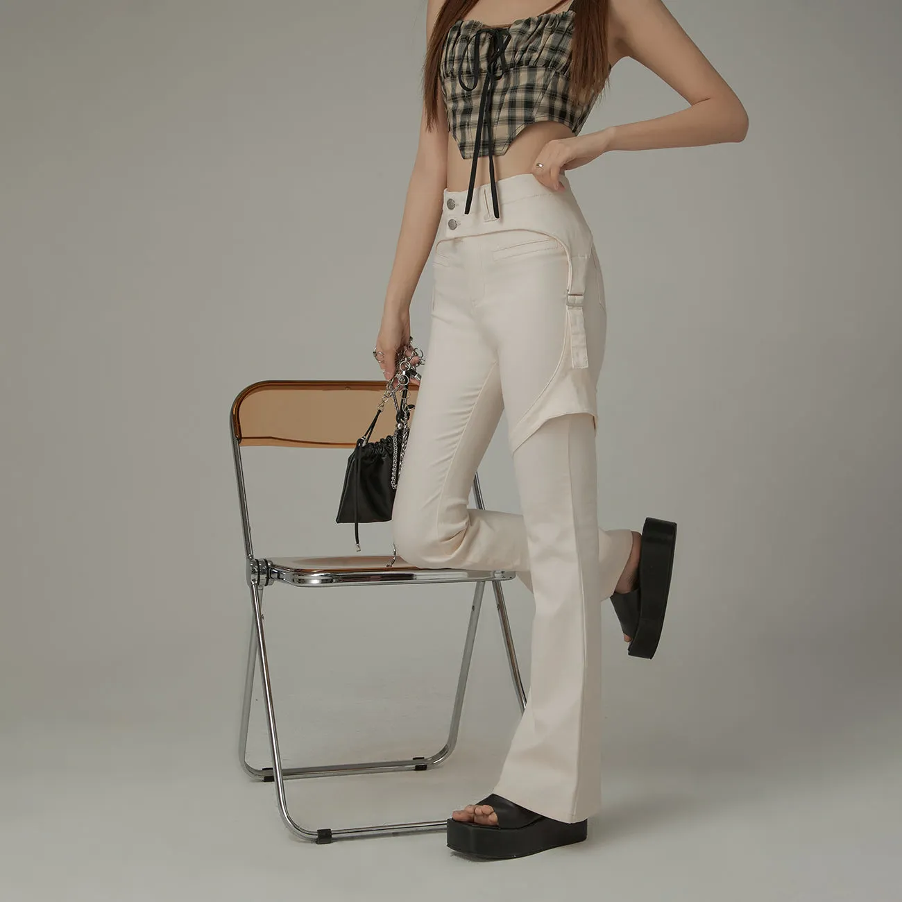 Double Button High Waisted Flared Semi-Bootcut Pants