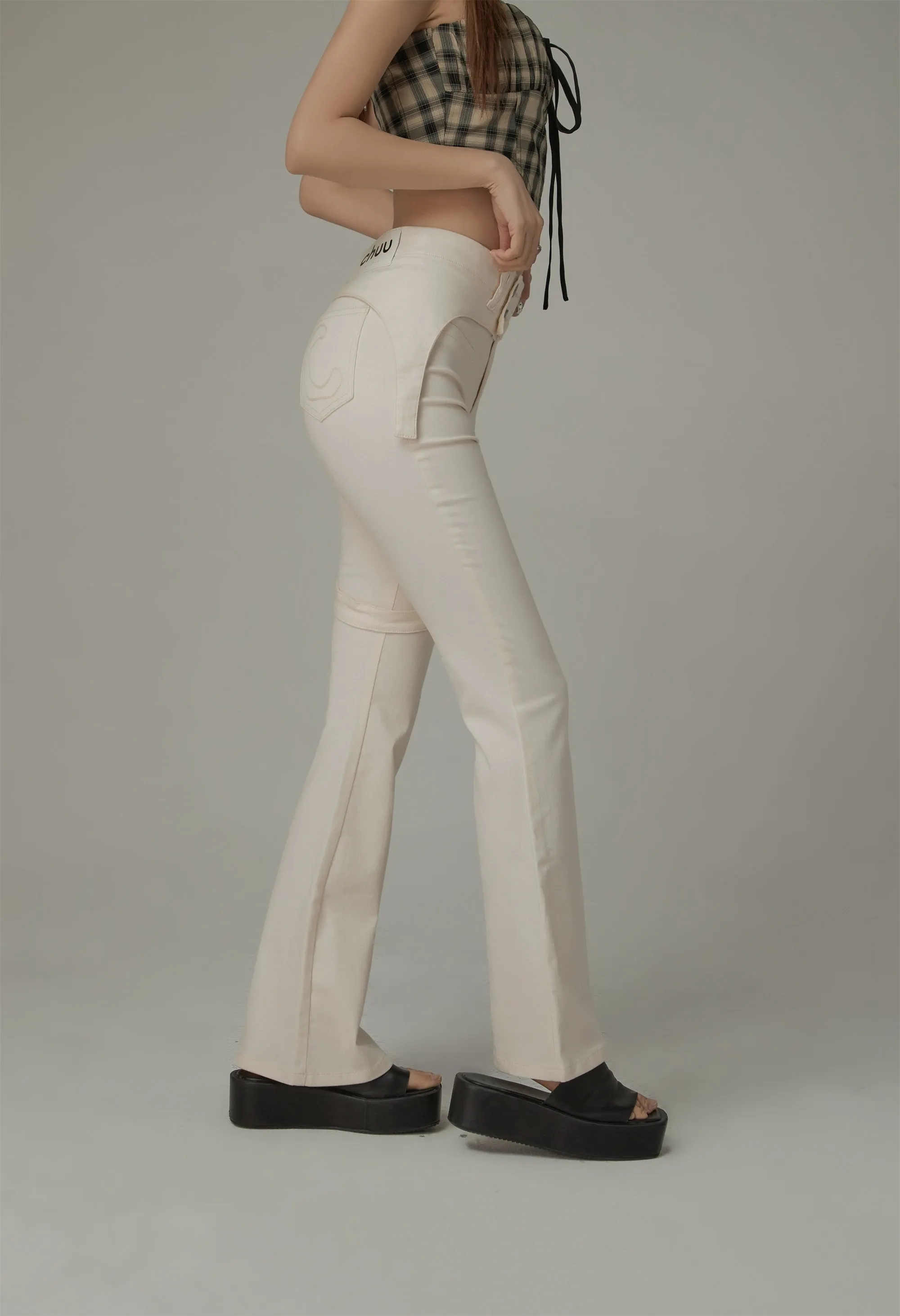 Double Button High Waisted Flared Semi-Bootcut Pants