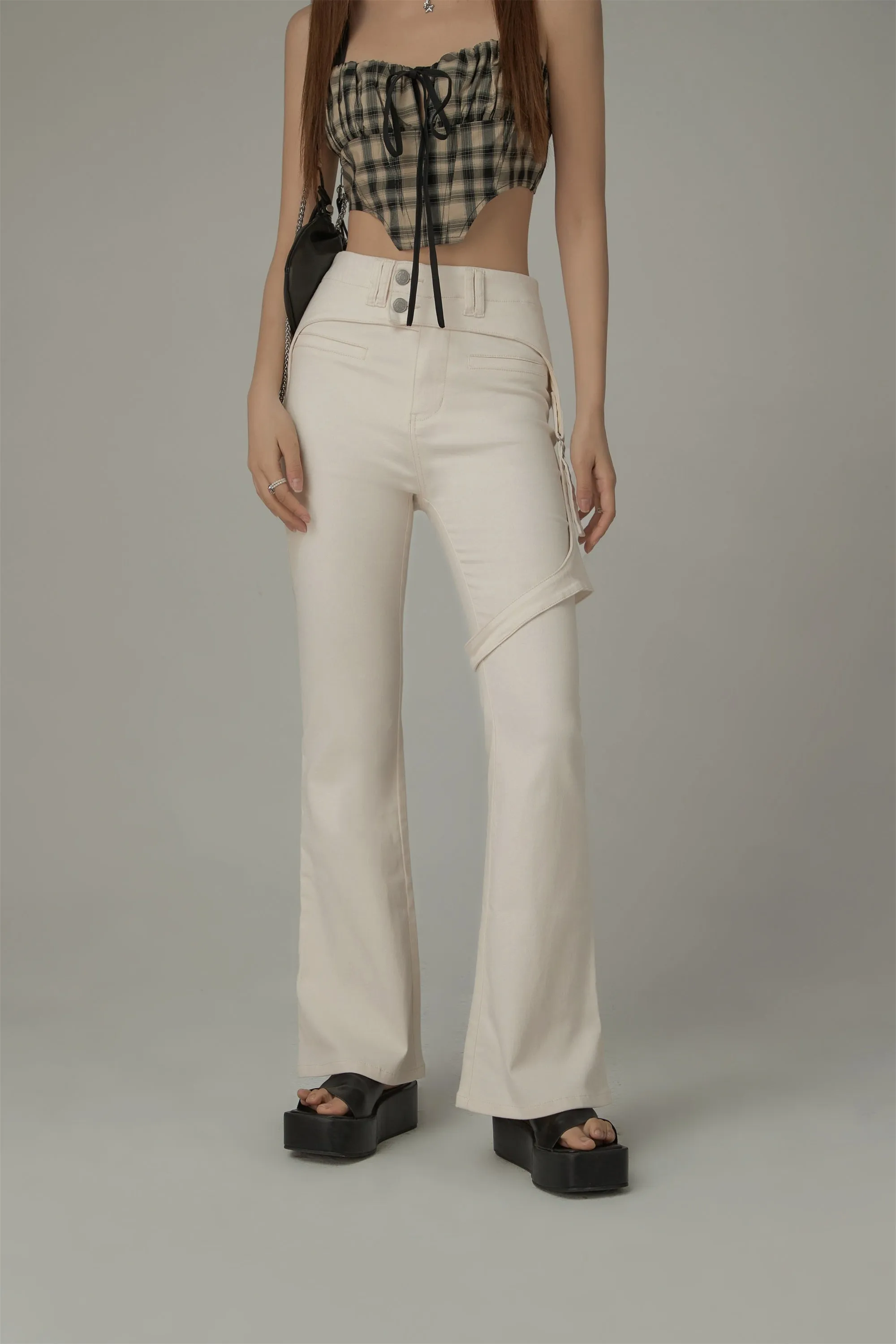 Double Button High Waisted Flared Semi-Bootcut Pants