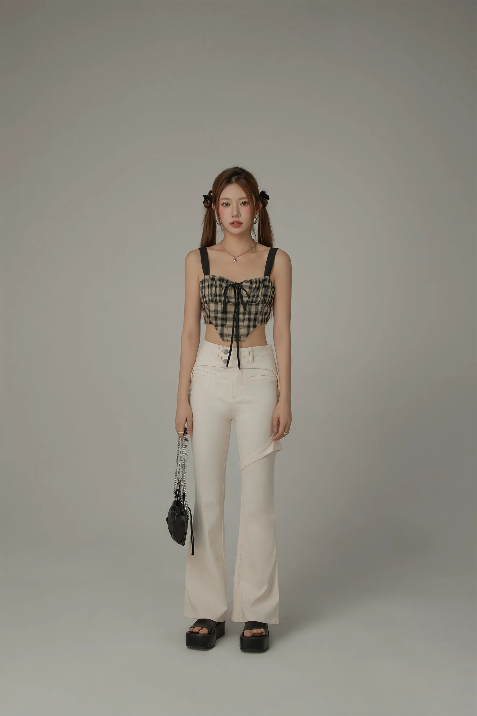 Double Button High Waisted Flared Semi-Bootcut Pants