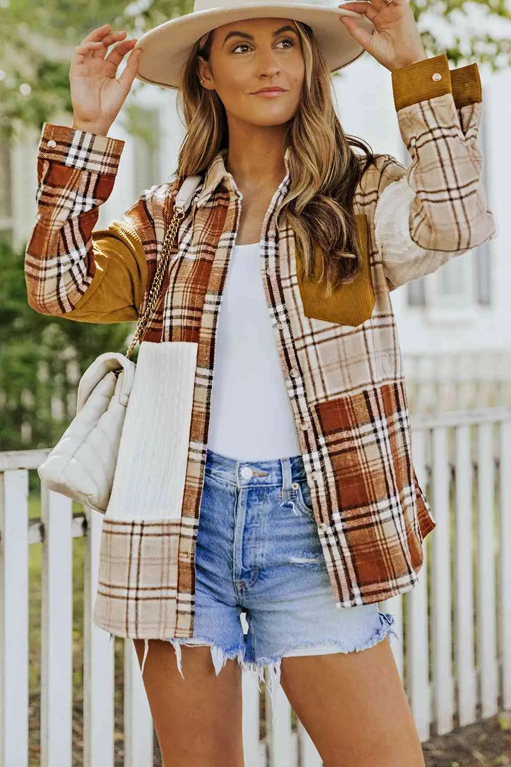 Double Take Plaid Color Block Dropped Shoulder Shacket