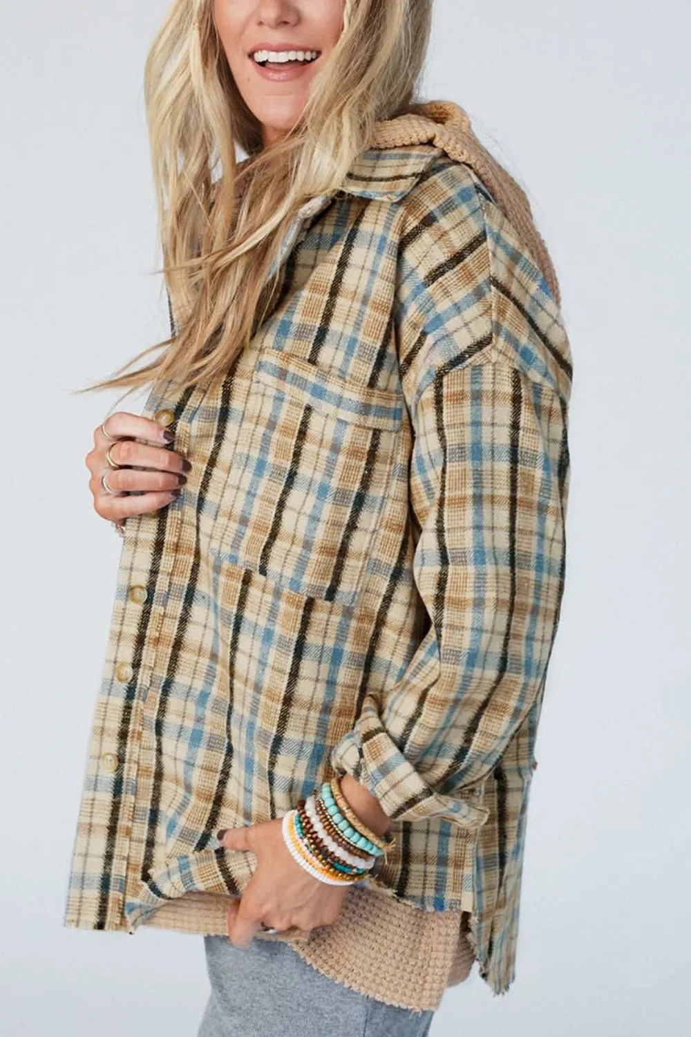 Drawstring Waffle Knit Patchwork Hooded Plaid Shacket